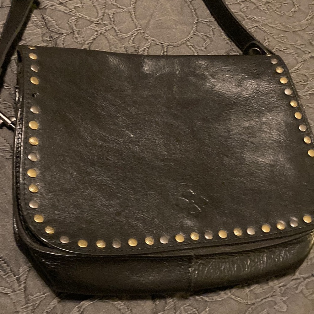 PATRICIA NASH Black Leather Saddle Crossbody with Rivets on flap